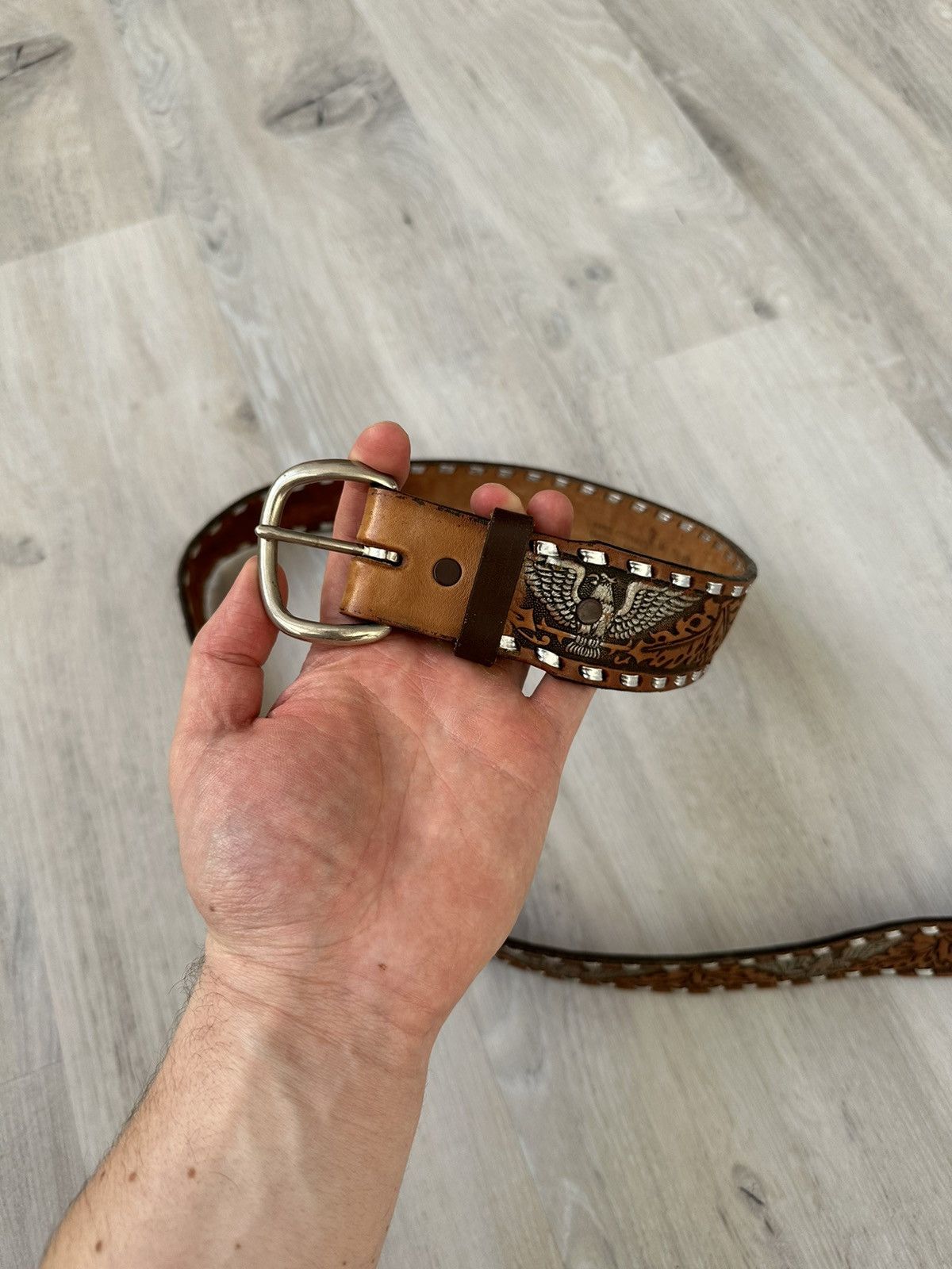 Leather × Vintage Vintage Leather Belt Y2K Rhinestones Punk Western Eagles Size 34 - 3 Thumbnail
