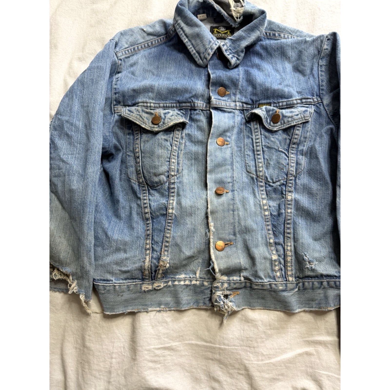 VINTAGE Mavericks Trucker Jacket Mens 42 Blue Denim Distressed Blue Bell Regular Jacket Mens Background edited