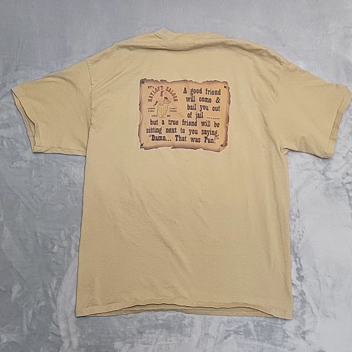 Vintage KT's Hayloft Saloon Shirt Mens XL Khaki Beer Casino Bar Deli Retro Vintage Cotton Graphic Print Crew Neck Short Sleeve T-Shirt MT 80s 90s Mens Size US XL / EU 56 / 4 - 4 Thumbnail