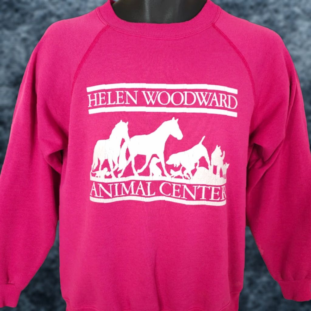 VINTAGE Hanes Sweatshirt Mens Small Pink 90s Animals Horses Dogs Cats Crew Neck Cotton Blend Long Sleeve Made In USA 80s 90s Animal Rescue