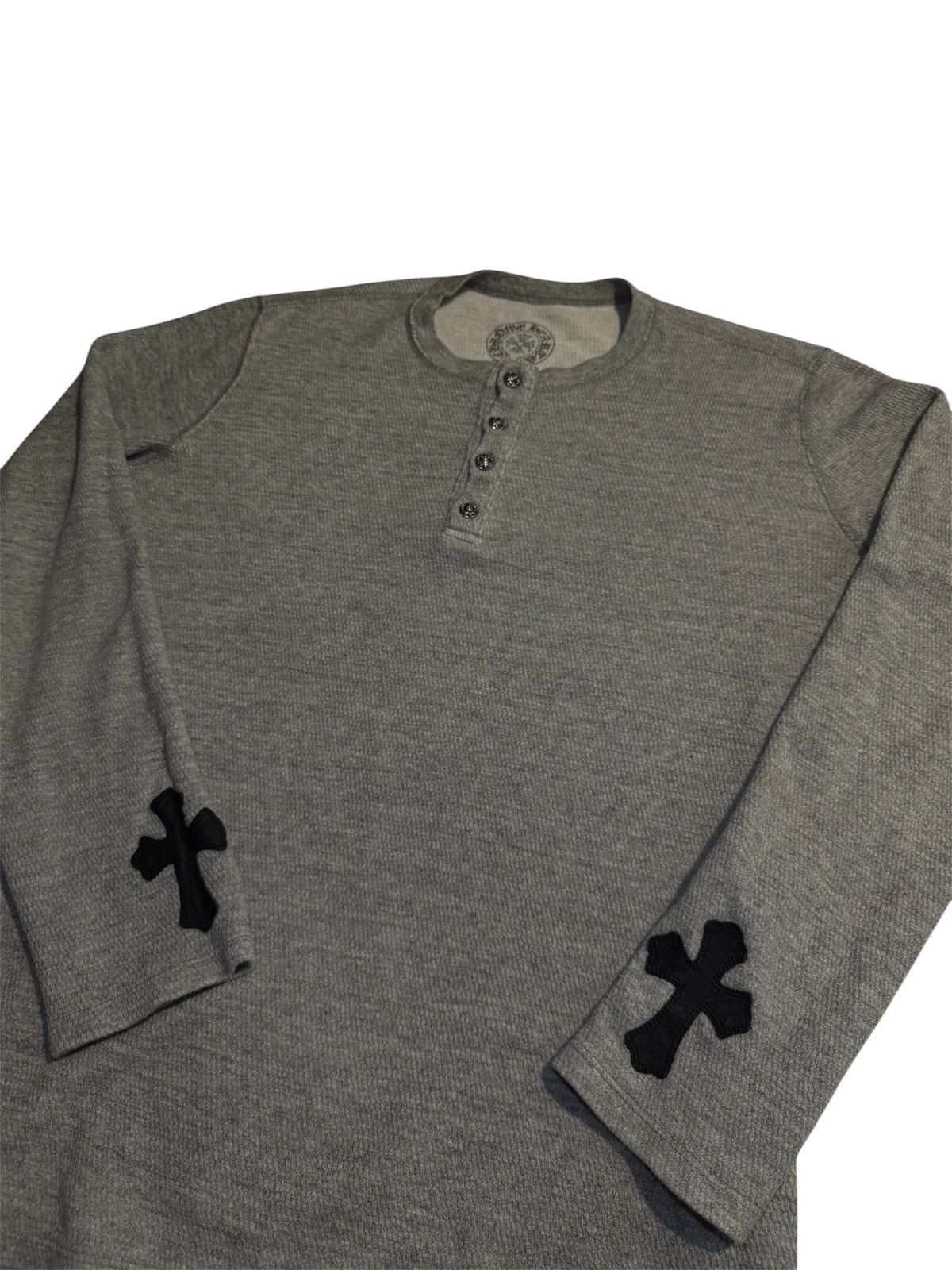 Chrome Hearts Waffle thermal knit leather cross patch Henley shirt