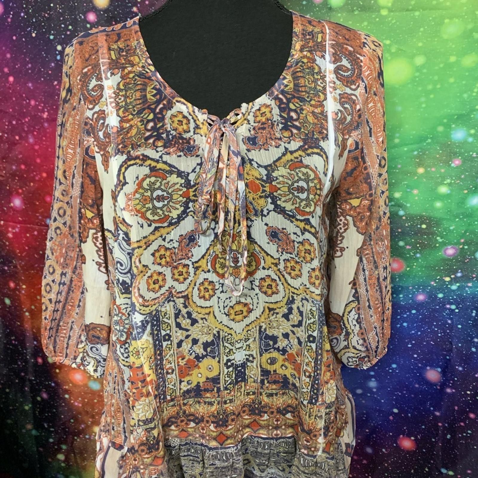 Designer Brown and Tan 3/4 Sleeve Tie Front Blouse Size S / US 4 / IT 40 - 1 Thumbnail