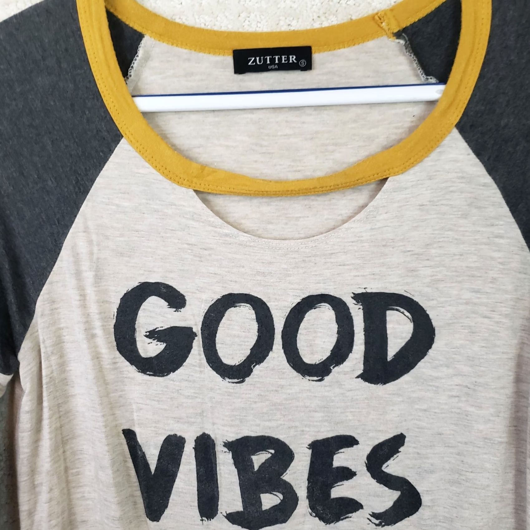 Vintage Zutter USA S White Gray Yellow baseball T-shirt top "Good Vibes" Women's Size S / US 4 / IT 40 - 3 Thumbnail