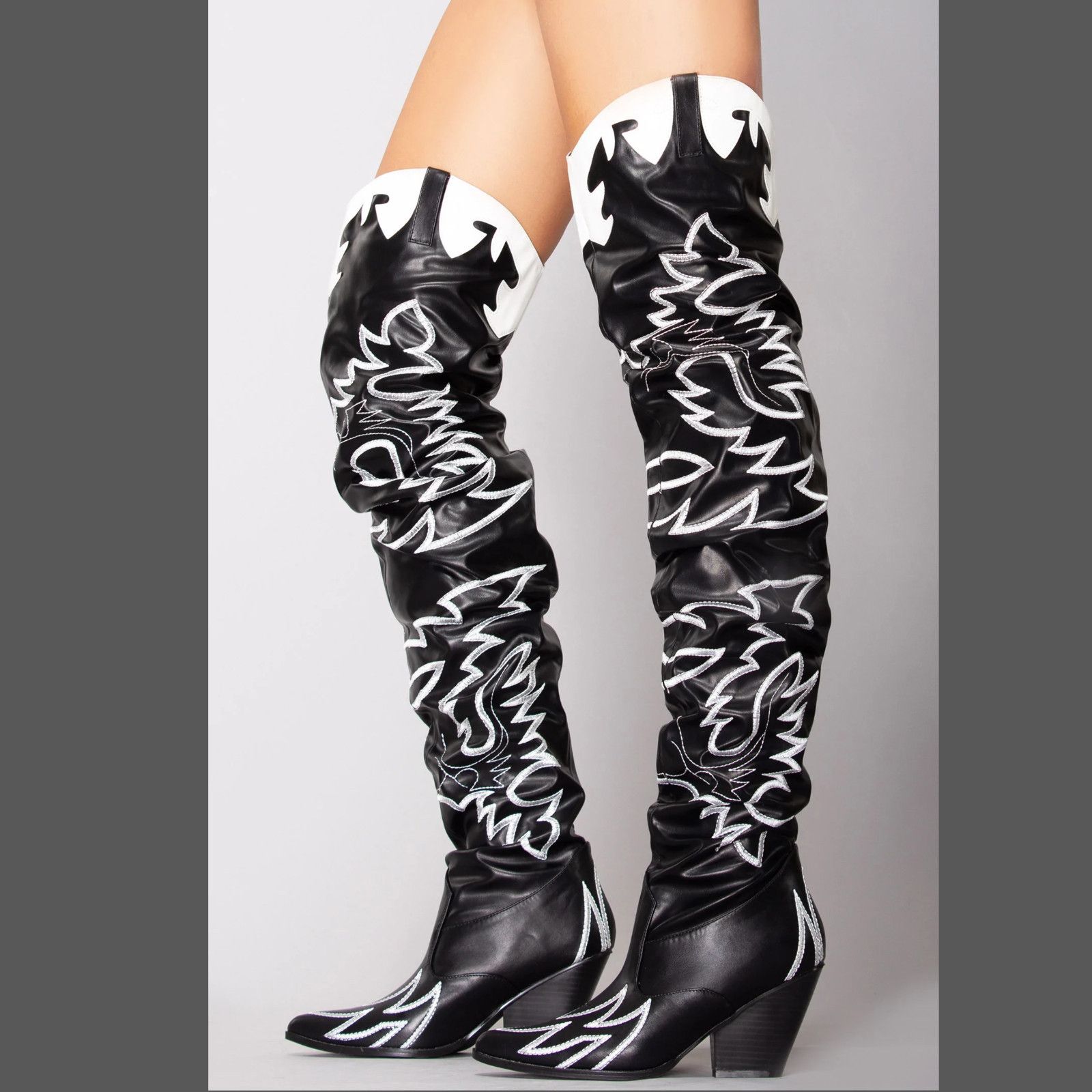 Other Kelsey 21 Rock Star Black & White Western Slouch OTK Thigh H Size US 8.5 / IT 38.5 - 4 Thumbnail