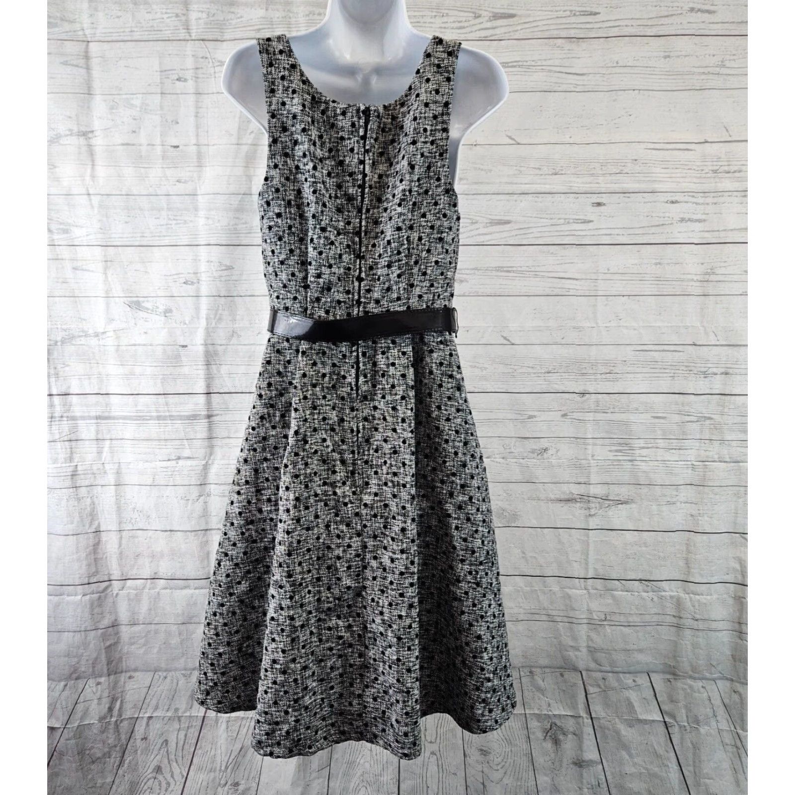 Vintage Modcloth Womens Dress Sz 6 Black Gray Tweed Polka Dot Sleeveless Belted Dress Size M / US 6-8 / IT 42-44 - 4 Thumbnail
