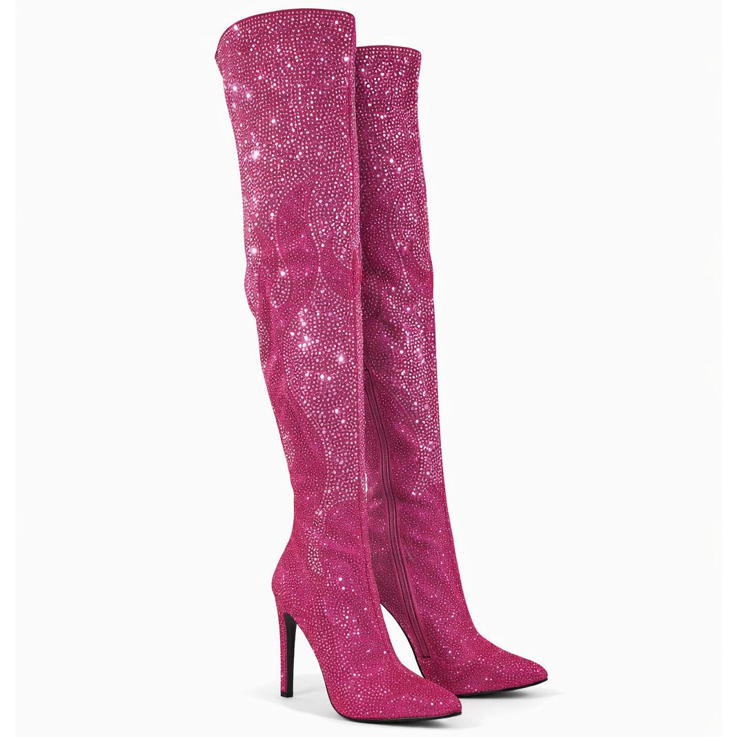 Other Like It Hot Fuchsia Rhinestone Flame Detail Sexy OTK High He Size US 8.5 / IT 38.5 - 2 Thumbnail