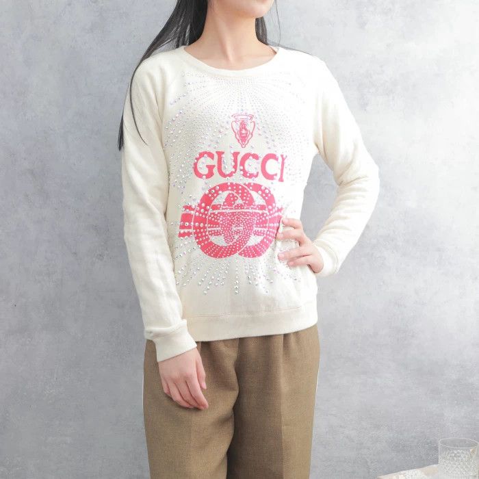 Gucci Gucci White Red Logo Rhinestone Sweatshirt Size S / US 4 / IT 40 - 1 Thumbnail