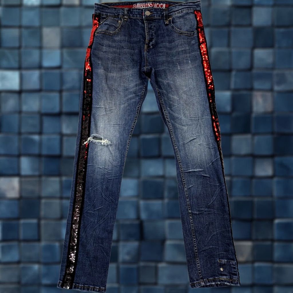 Vintage Smugglers Moon Jeans Distressed Skull Sequin 36x33 5-Pocket Denim Blue Men's Regular Hip Hop Rock Skull Size US 36 / EU 52 - 1 Thumbnail