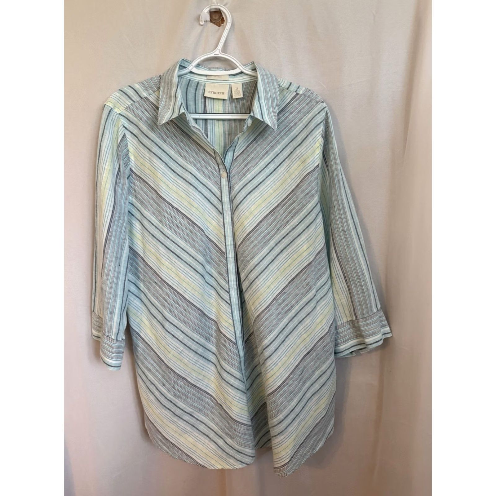 Vintage VINTAGE Chico's 100% Linen Shirt Blue Yellow Button Up Tunic Womens 3X Coastal Beach Shirt Womens 3X Blue Yellow Linen Button Up Tunic Beach Shirt Size XXL / US 16-18 / IT 52-54 - 2 Thumbnail