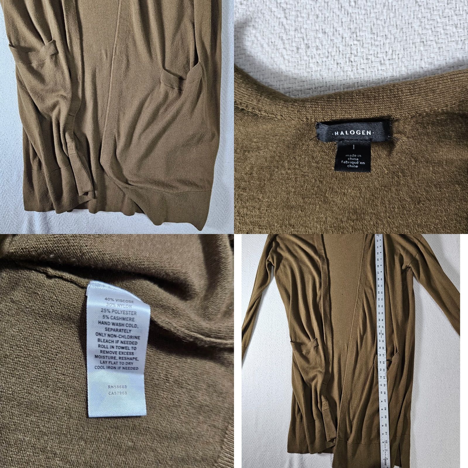 Vintage VINTAGE? Halogen Women's Cardigan Sweater Open Front Knee Length Green Brown Pockets Size 1 Regular Knit Long Sleeve Shown Measurements Size XS / US 0-2 / IT 36-38 - 8 Thumbnail