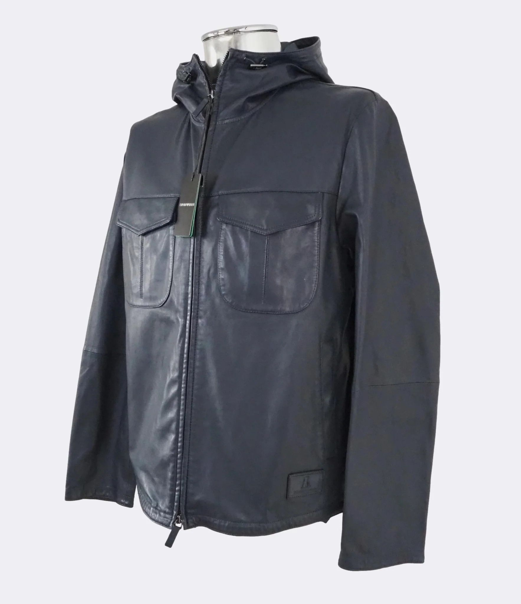 Emporio Armani Dark Blue Hooded Zip-Front Leather Jacket $1175 Size US M / EU 48-50 / 2 - 11 Thumbnail