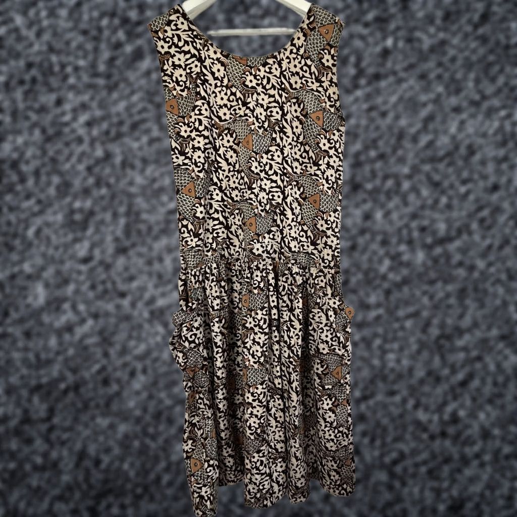 Vintage VINTAGE Organically Made Sleeveless Floral & Fish Print Midi Dress M/L Brown Women Dress Size M / US 6-8 / IT 42-44 - 1 Thumbnail