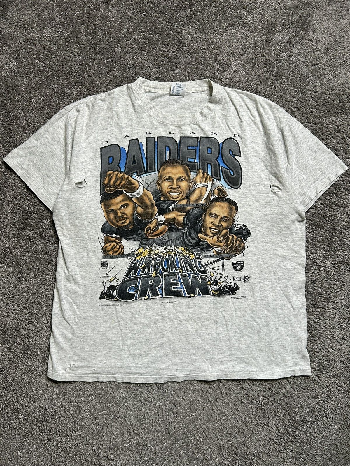Vintage Vintage 90s Oakland Raiders Wrecking Crew Tee Caricature Size US XL / EU 56 / 4 - 1 Thumbnail