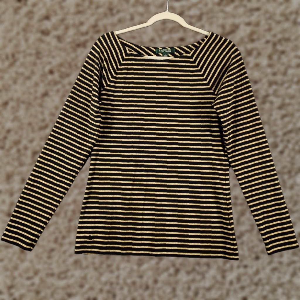 Ralph Lauren Womens Ralph Lauren Sweater Large Black Shimmer Sparkle Gold Stripes Lightweight Size L / US 10 / IT 46 - 1 Thumbnail