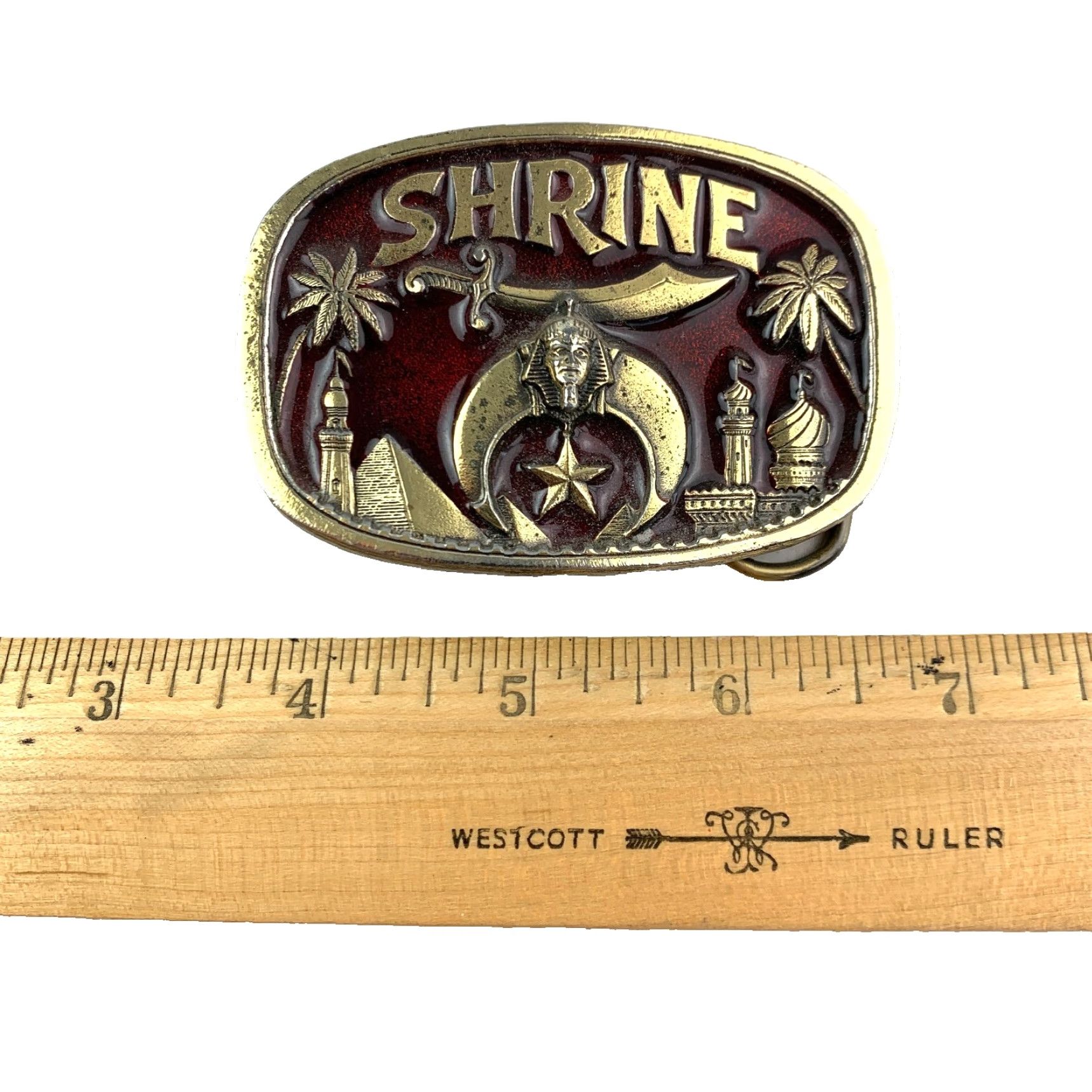 Vintage VINTAGE 1980s Shrine Shriners Sword Red Gold Tone Belt Buckle Great American Buckle Company Adult Unisex Mens Womens 1801 Size ONE SIZE - 5 Thumbnail