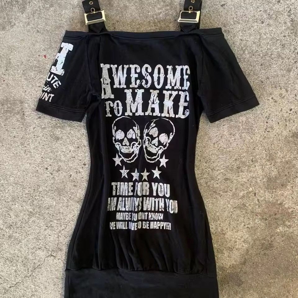 Vintage Y2k 2000s Mini Skull Punk Gothic Dress Off Shoulder Size M / US 6-8 / IT 42-44 - 2 Thumbnail