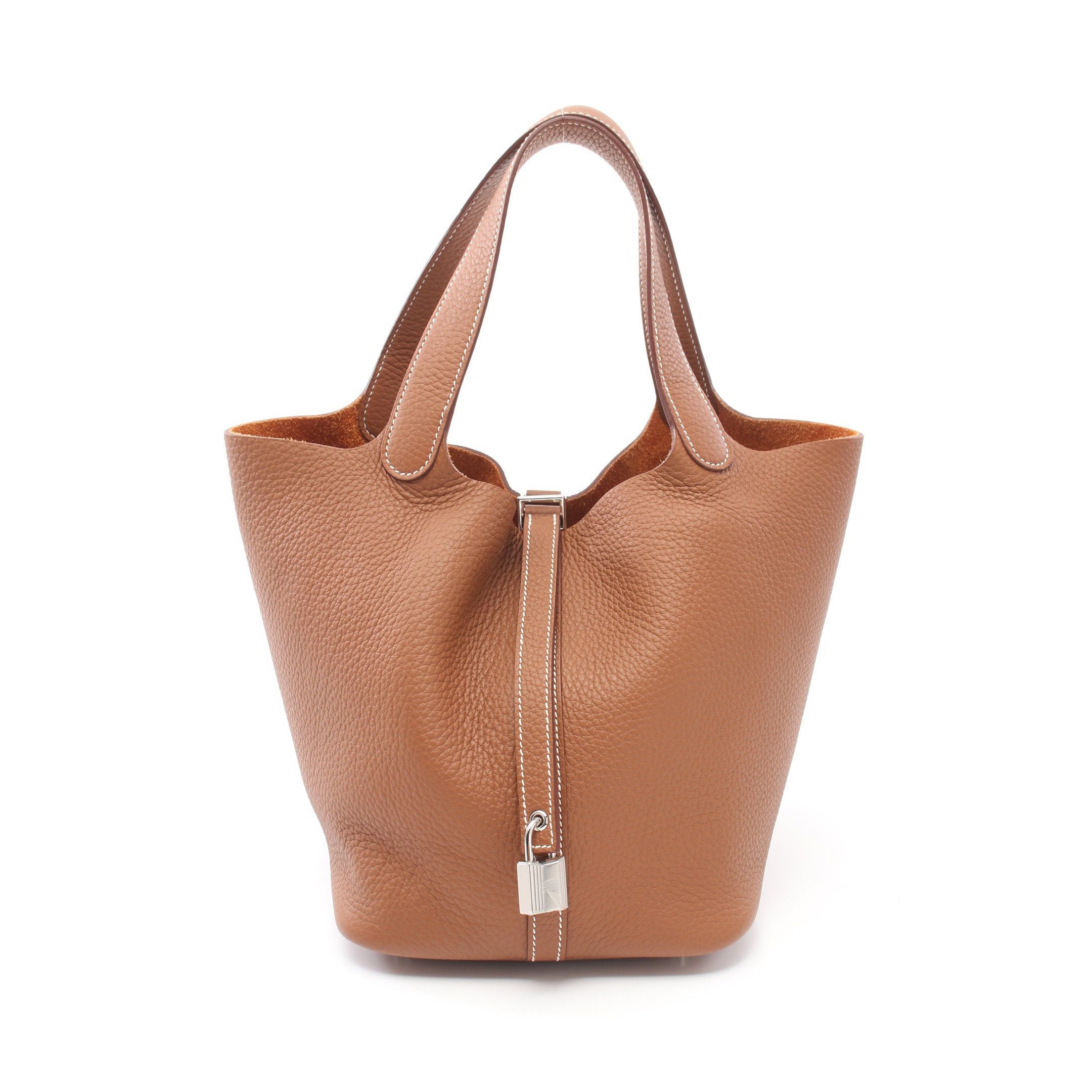 Hermes Picotane Lock Mm Gold Handbag Clemence Leather Light Brown Silver Hardware Double Engraved