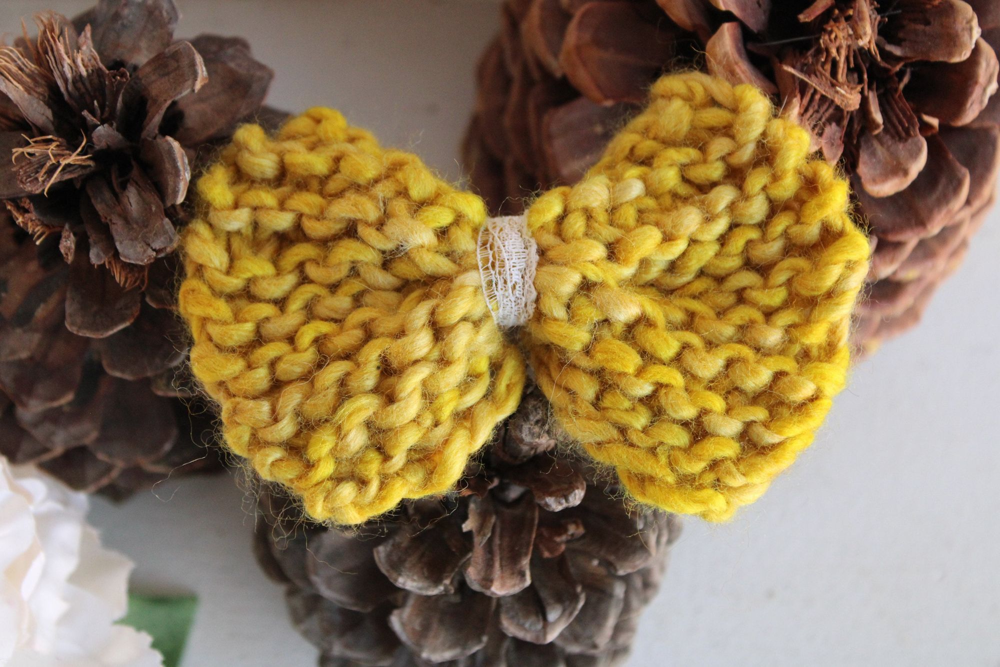 Handmade Knit Hair Bow, Handknitted Maize Yellow Ponytail Holder or H Size ONE SIZE - 6 Thumbnail