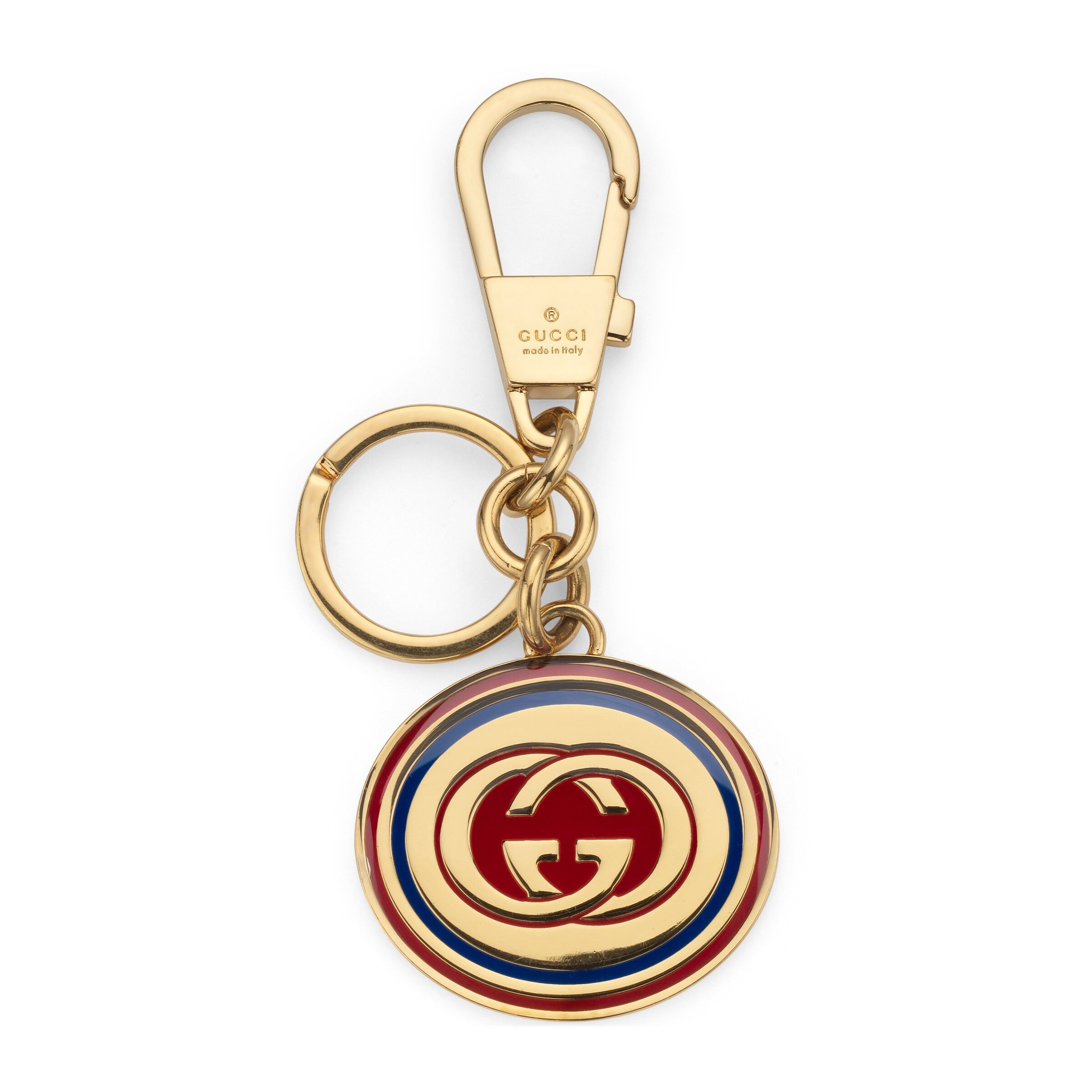 GUCCI gold tone enameled interlocking G logo metal keyring