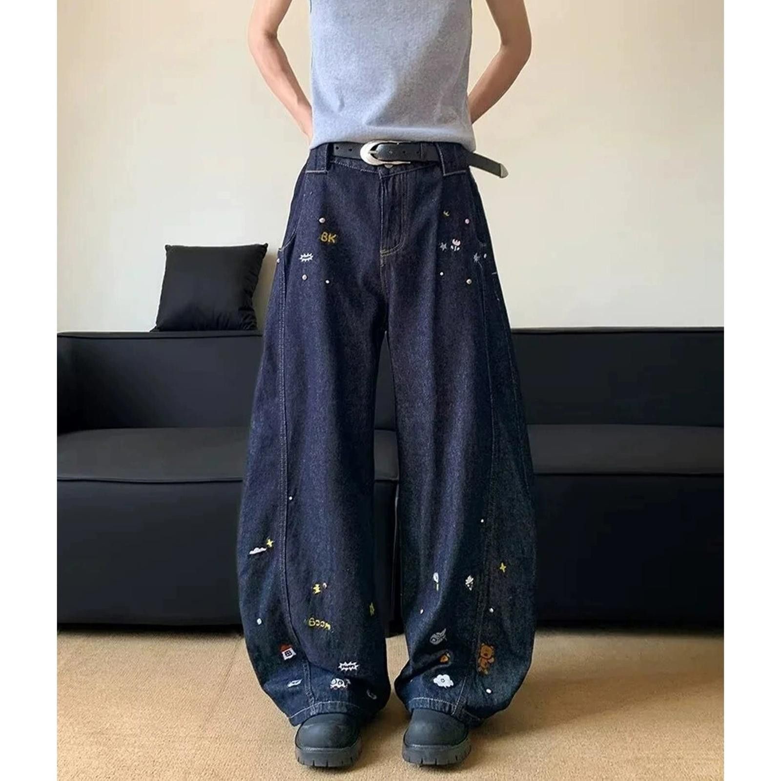 Japanese Brand Dark Paint Splatter Blue Wide Leg Denim Jeans Size US 32 / EU 48 - 7 Thumbnail