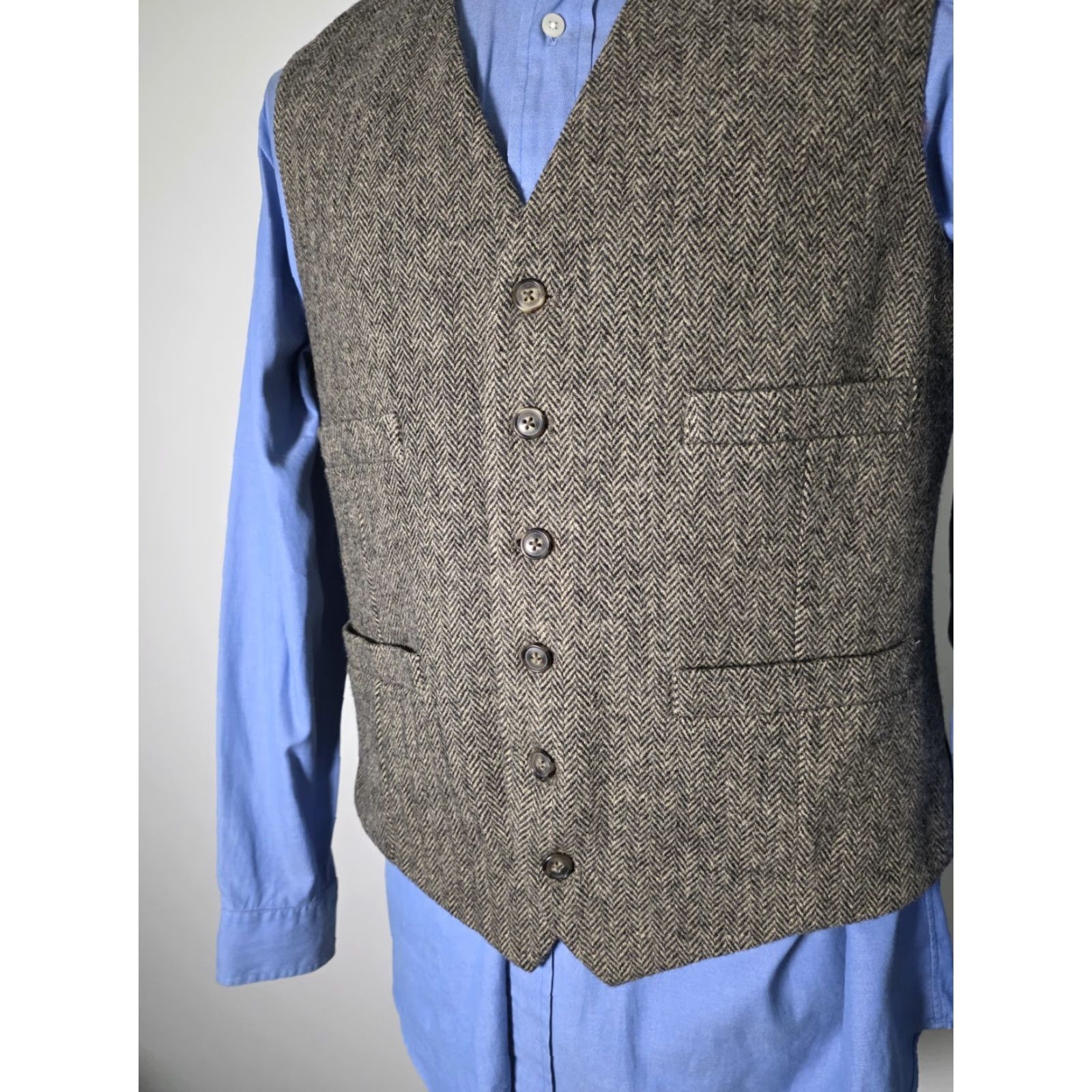 Merona VINTAGE Merona Vest Wool Tweed Herringbone Gray 40R M Medium Men's Waistcoat Regular Wool Size US XXS / EU 40 - 3 Thumbnail
