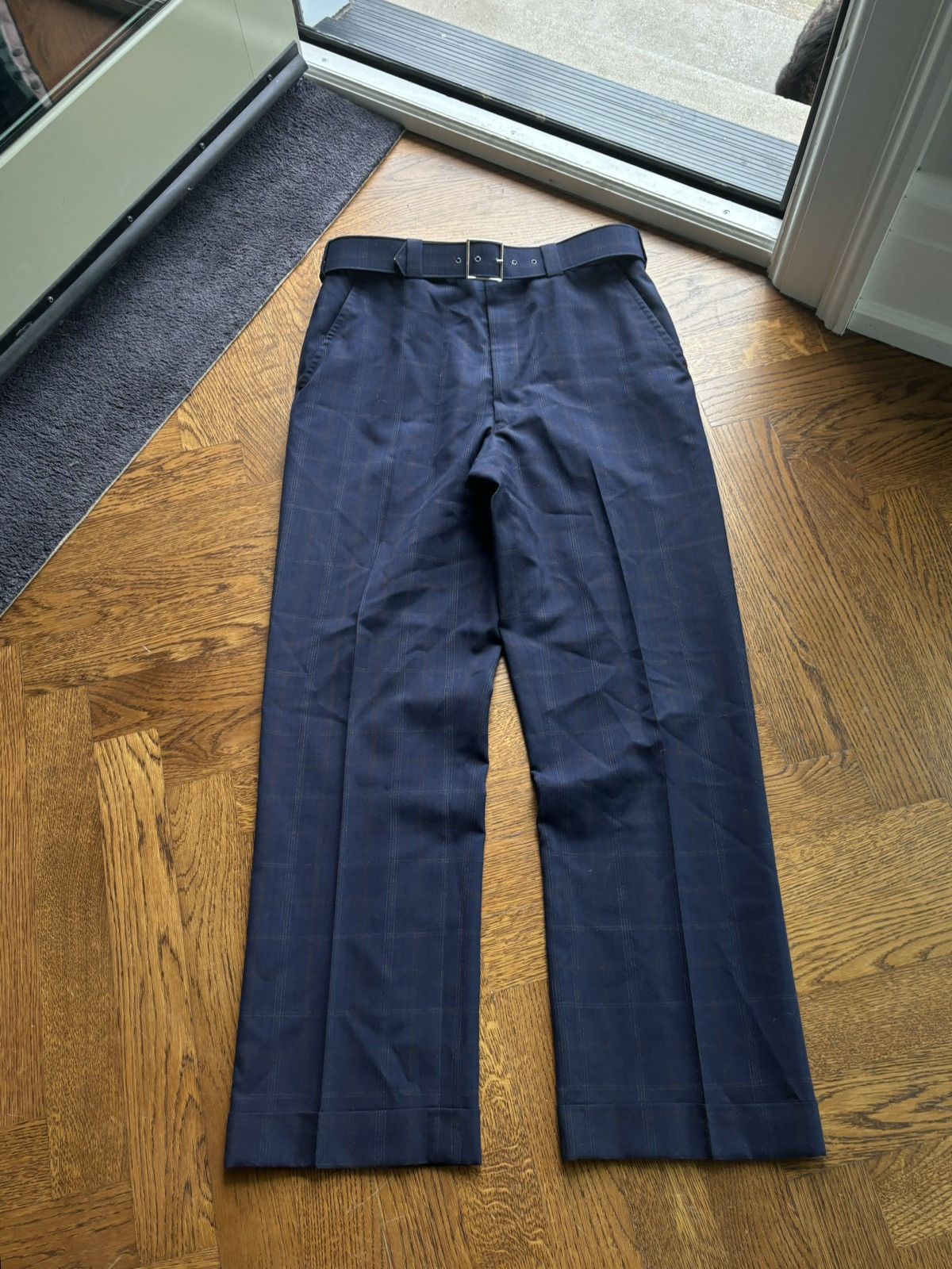 Vintage 1970s Vintage Plaid Trousers 60s Wool Pants Matching Belt Size US 32 / EU 48 - 3 Thumbnail