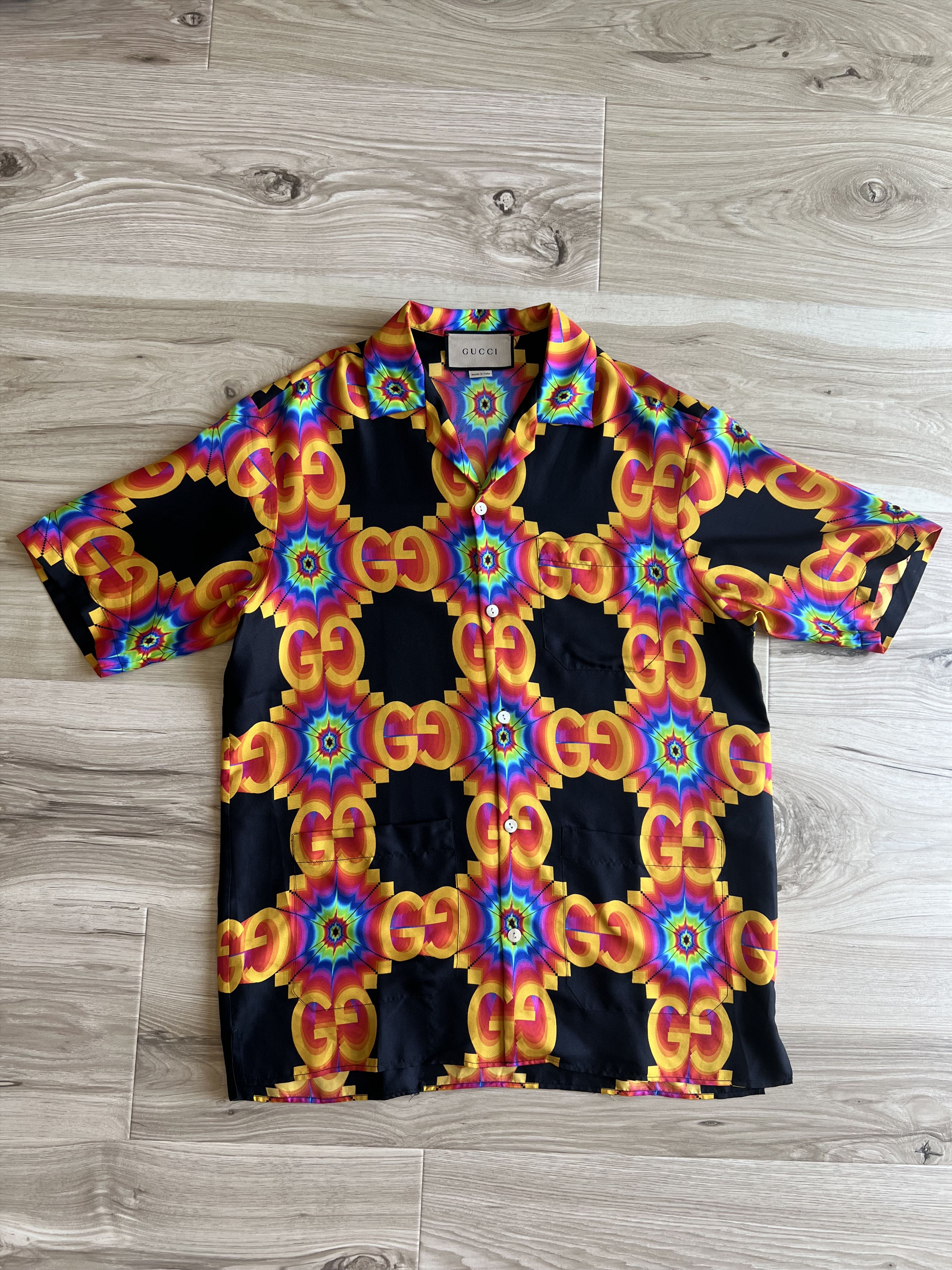 image of Gucci GG Kaleidoscope Silk Bowling Shirt in Rainbow, Men's (Size Small)