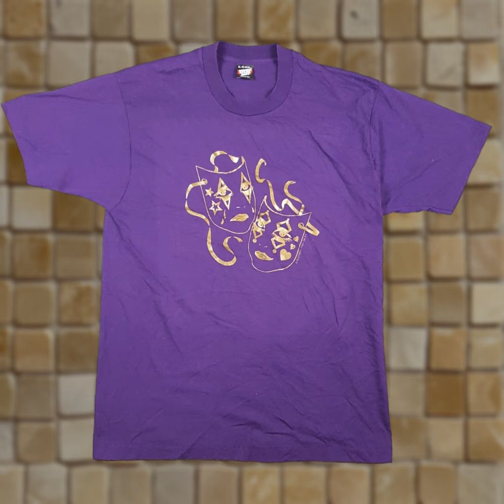 Vintage VINTAGE Comedy & Tragedy Theatre Mask T Shirt XL Purple 90s Happy Sad Face Size US XL / EU 56 / 4 - 1 Thumbnail