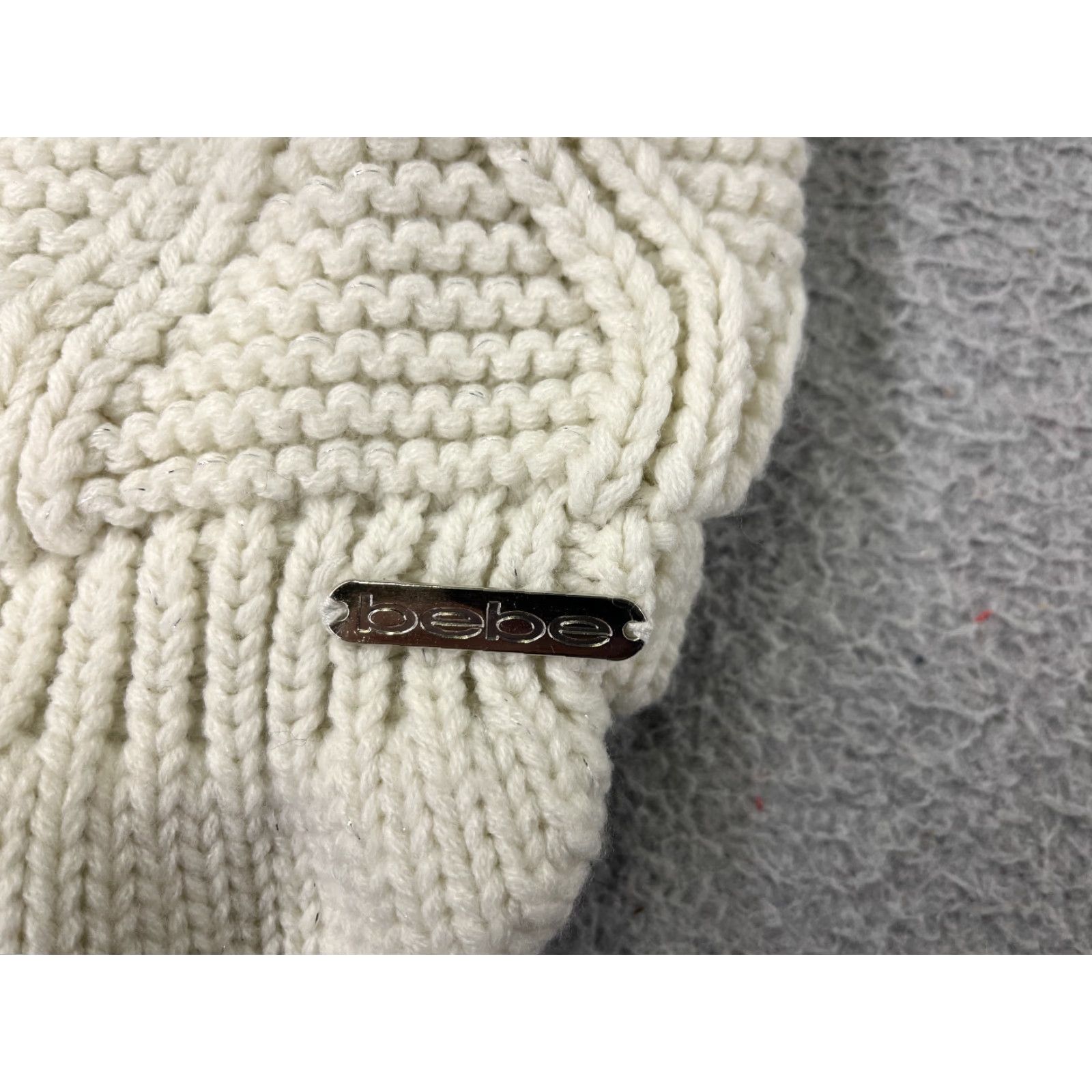 Bebe bebe Beanie Toque Womens One Size White Sparkly Knit Faux Fur Pom Ski Hat/Cap Accessories Rhinestone Logo Winter Urban 90s Mens Womens Size ONE SIZE - 2 Thumbnail