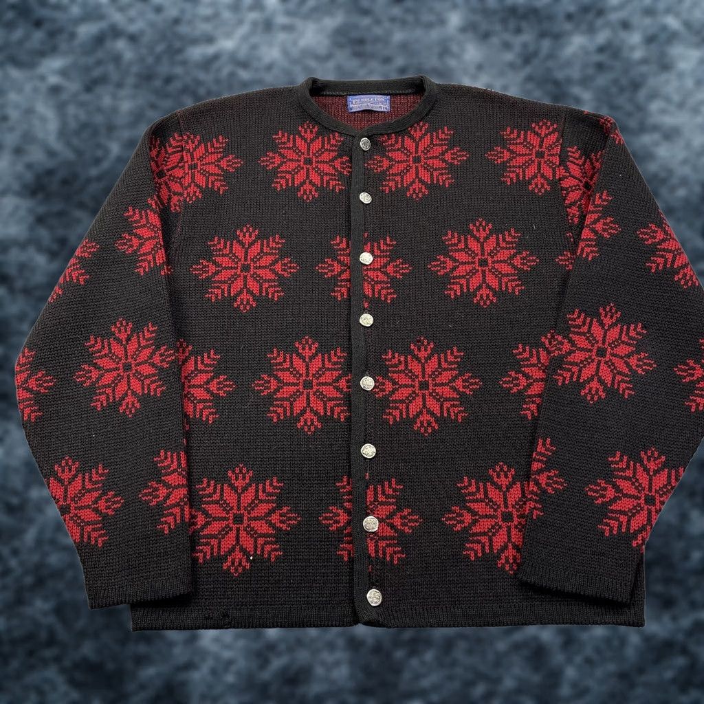 Pendleton VINTAGE Pendleton Sweater Cardigan Womens Large 100% Wool Fair Isle Snowflake Button Black Red Crew Neck Winter Holiday Ski Womens Size L / US 10 / IT 46 - 1 Thumbnail