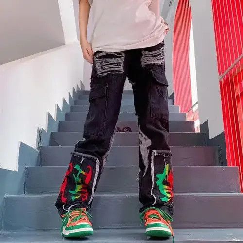 Ripped Stacked Cargo Jeans Pants