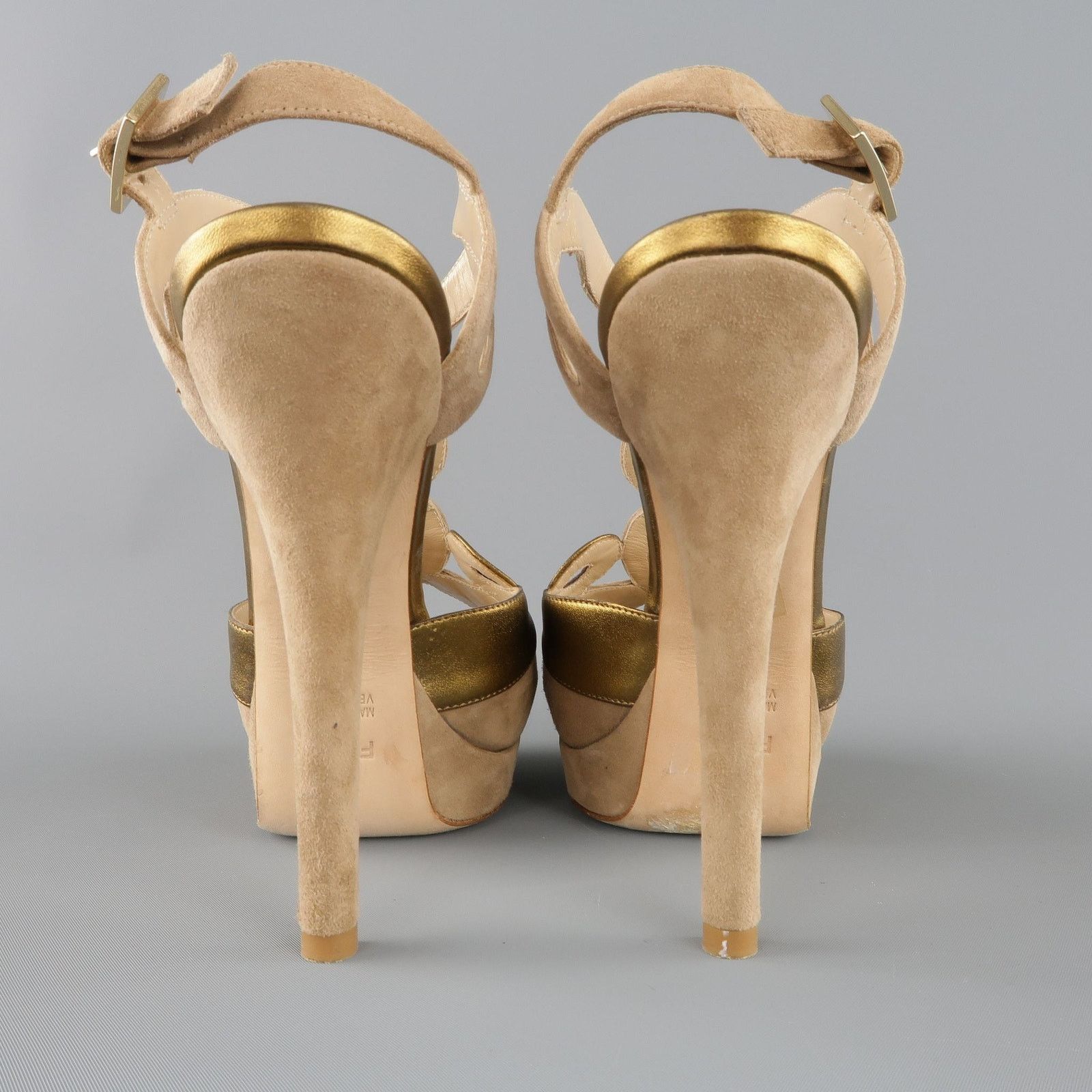 Fendi Size 9 Taupe Suede Metallic Gold Leather Peep Toe Platform Size US 9 / IT 39 - 9 Thumbnail