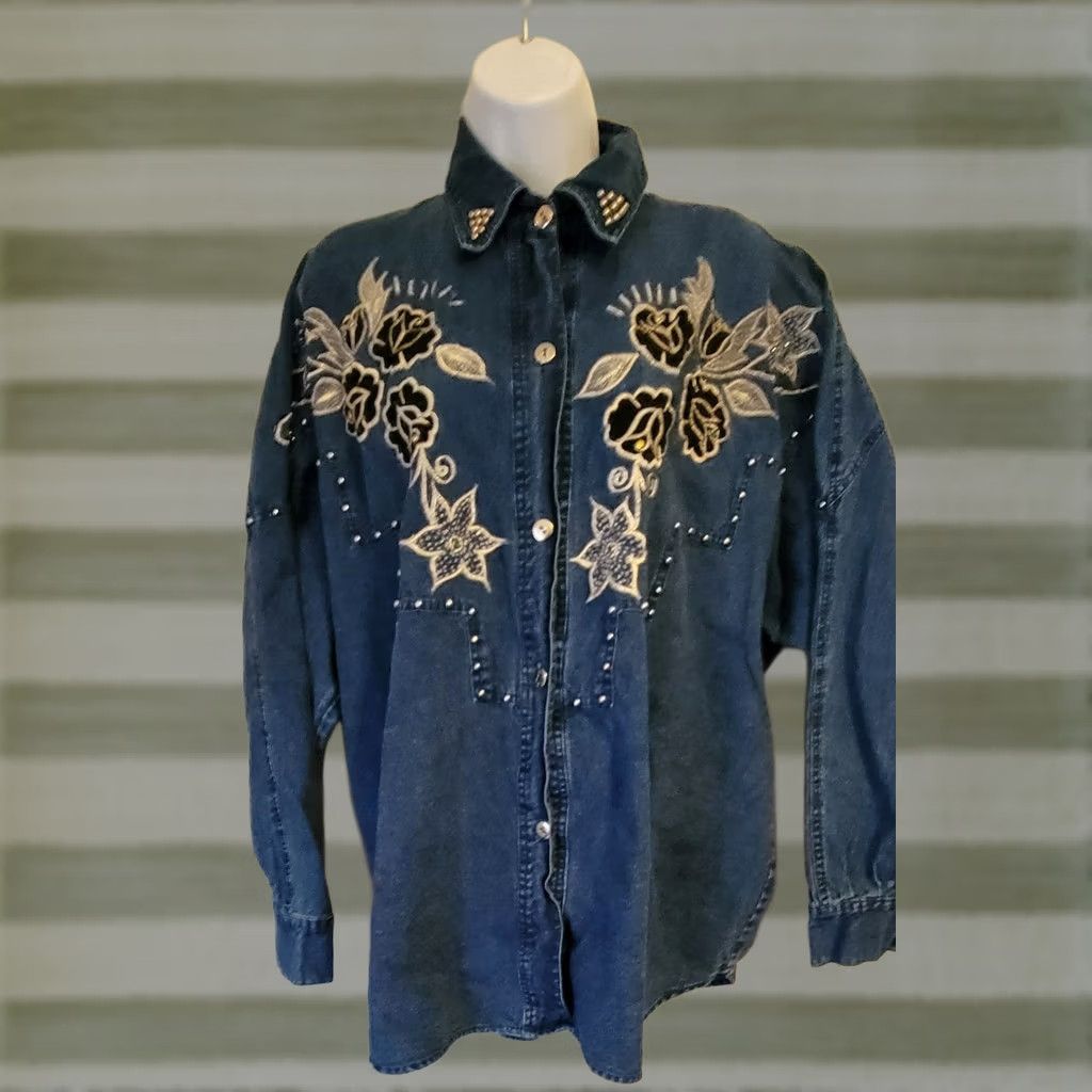 Greats VINTAGE Great Cavalier Embellished Denim Shirt XL 1990s Blue Women’s Western Shirt Size XL / US 12-14 / IT 48-50 - 1 Thumbnail