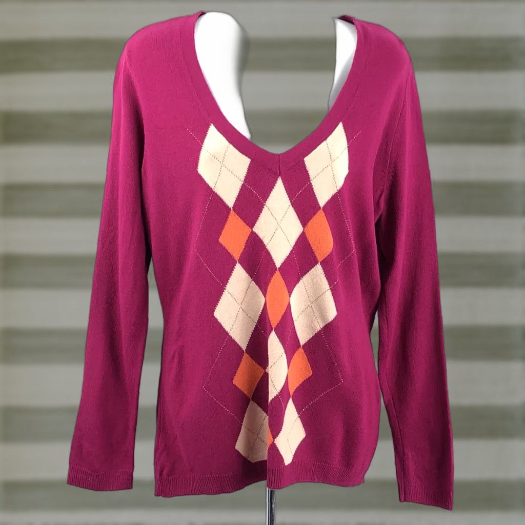Vintage VINTAGE New York And Company Sweater Argyle V-Neck Long Sleeve L Beaded Purple Magenta Womens Size L / US 10 / IT 46 - 1 Thumbnail