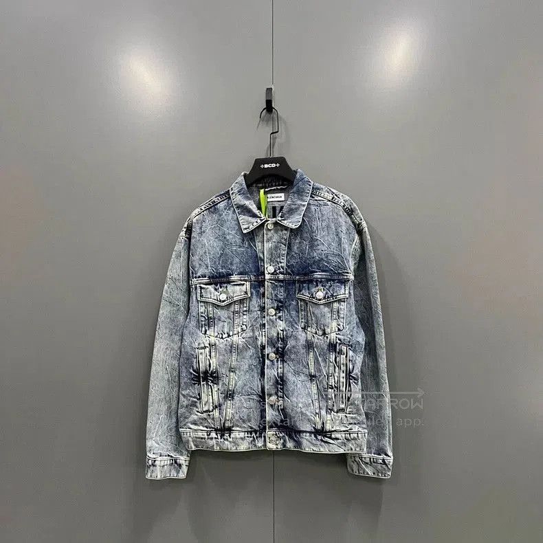 Balenciaga Distressed Embroidered Logo Denim Jacket.