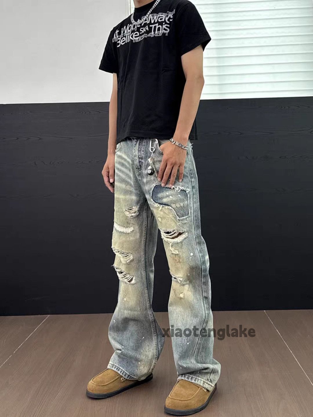 Custom washed faded punk grunge bootcut ripped jeans