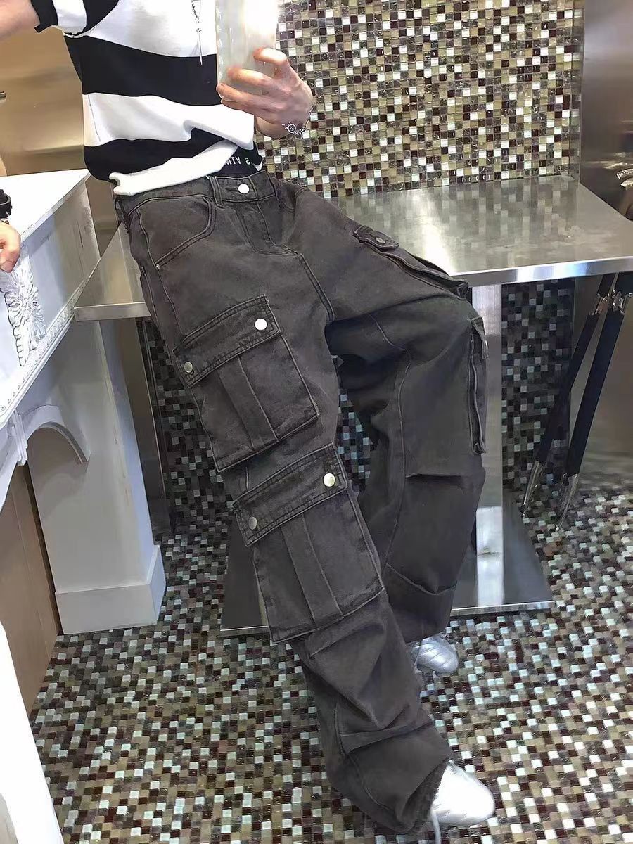 Black Casual Baggy Multi-Pocket Workwear Denim Trousers