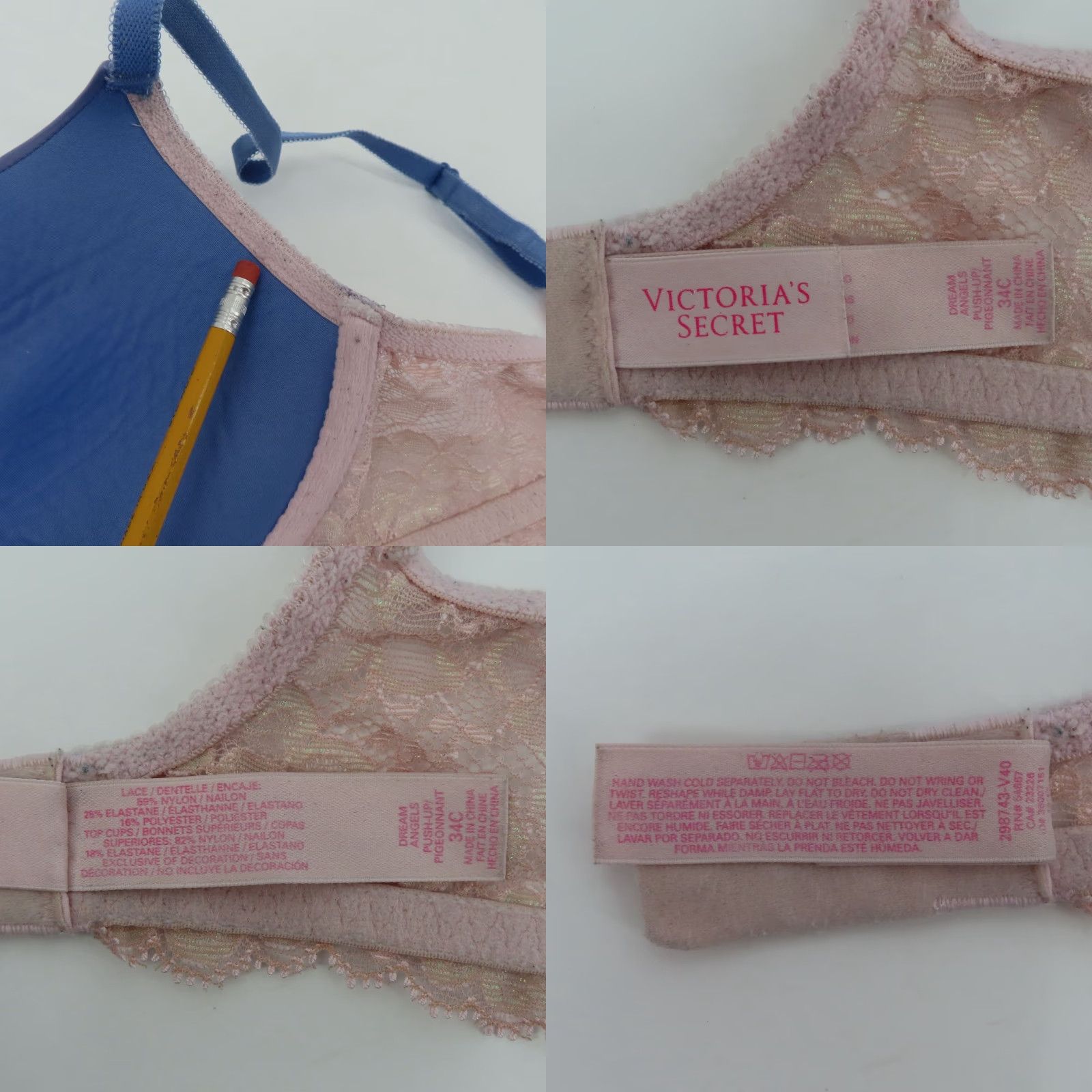 Victoria's Secret Victoria's Secret Dream Angels Push Up Bra 34C Purple Pink Flower Lace Bow Padded Size ONE SIZE - 9 Thumbnail