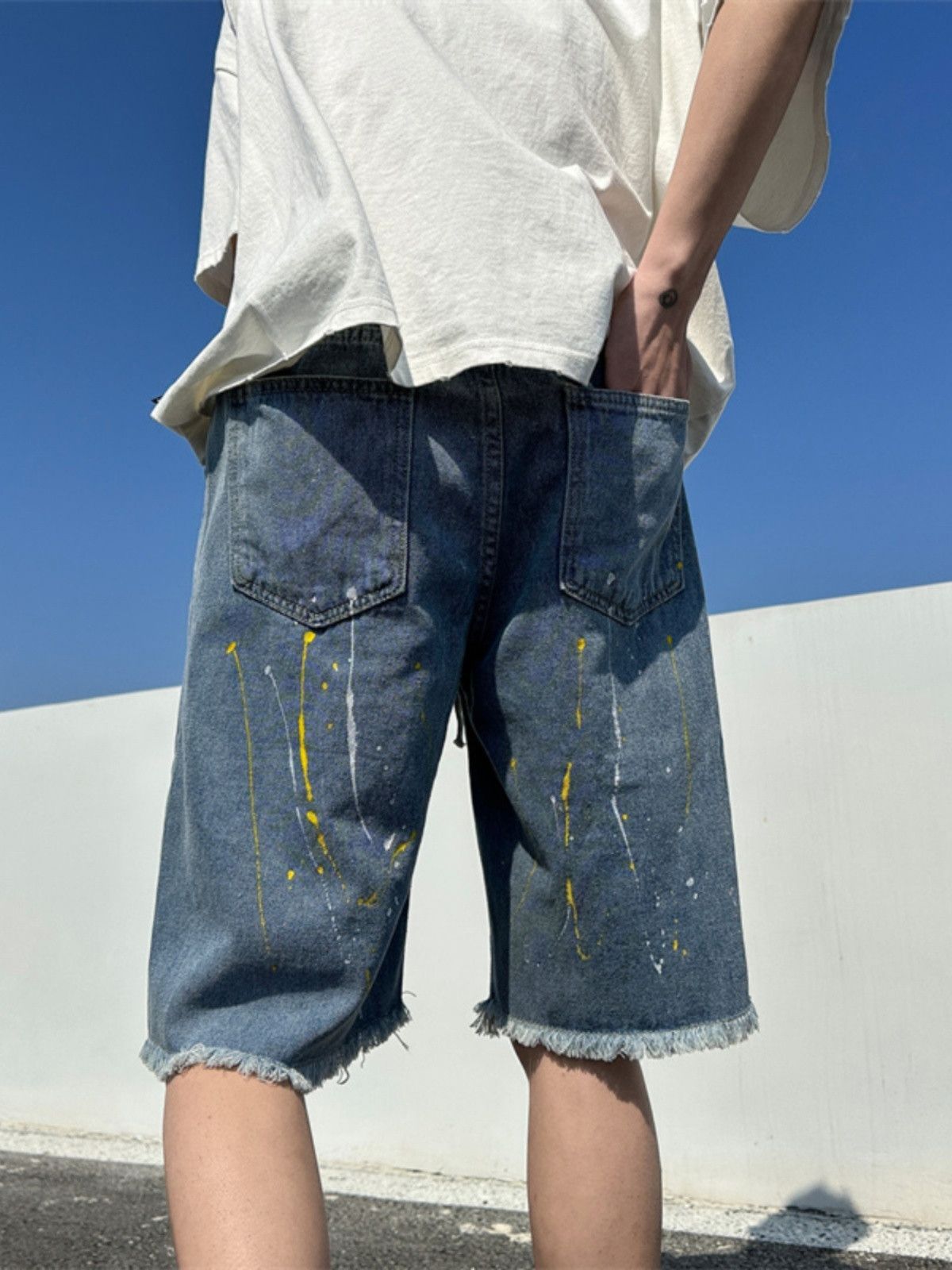 Japanese Brand × Jean Versatile ink splashed loose hole denim shorts Size US 32 / EU 48 - 2 Thumbnail