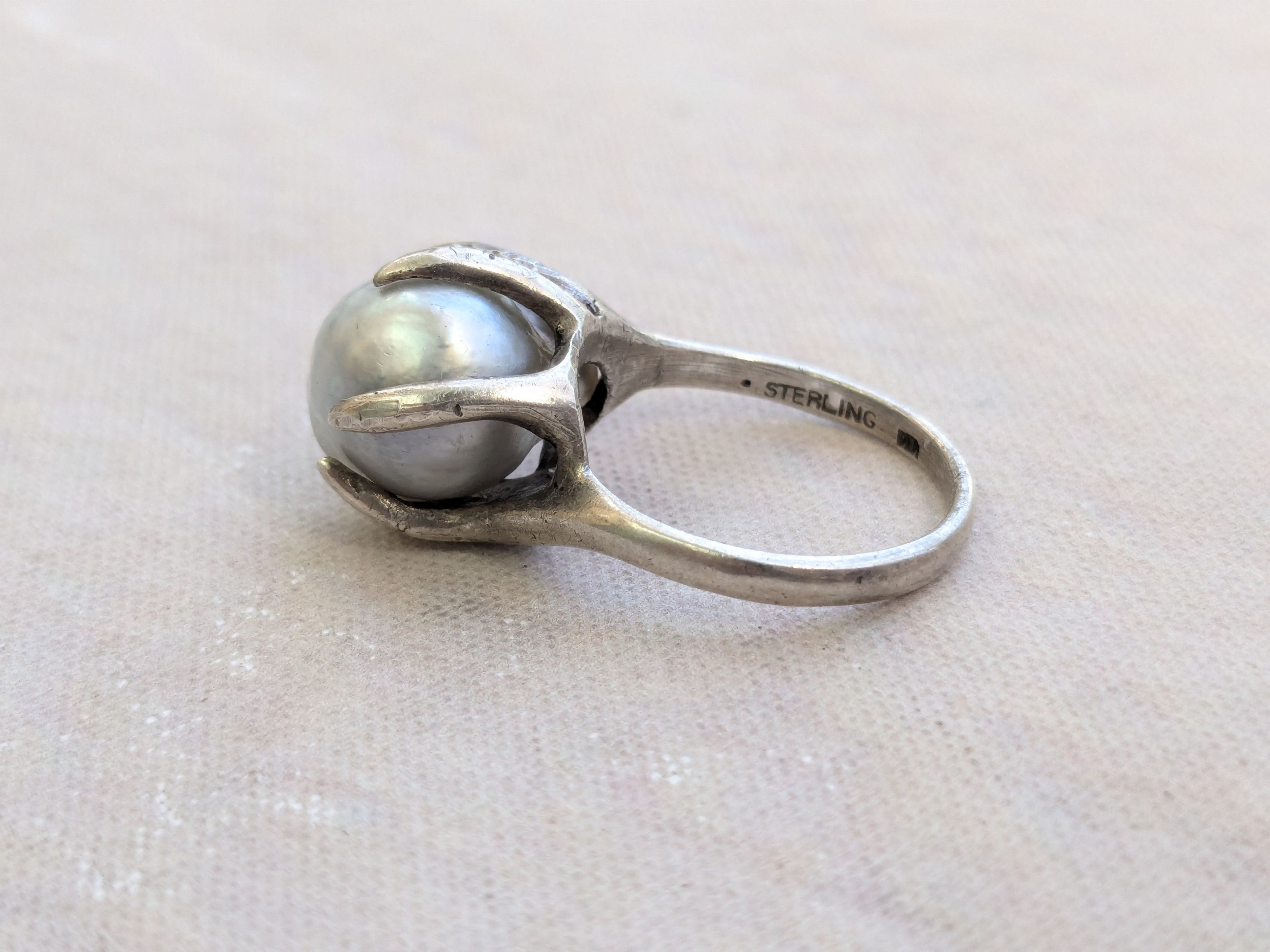 Jewelry Vintage Sterling Silver Ring Baroque Pearl 6 Brutalist Size ONE SIZE - 2 Thumbnail