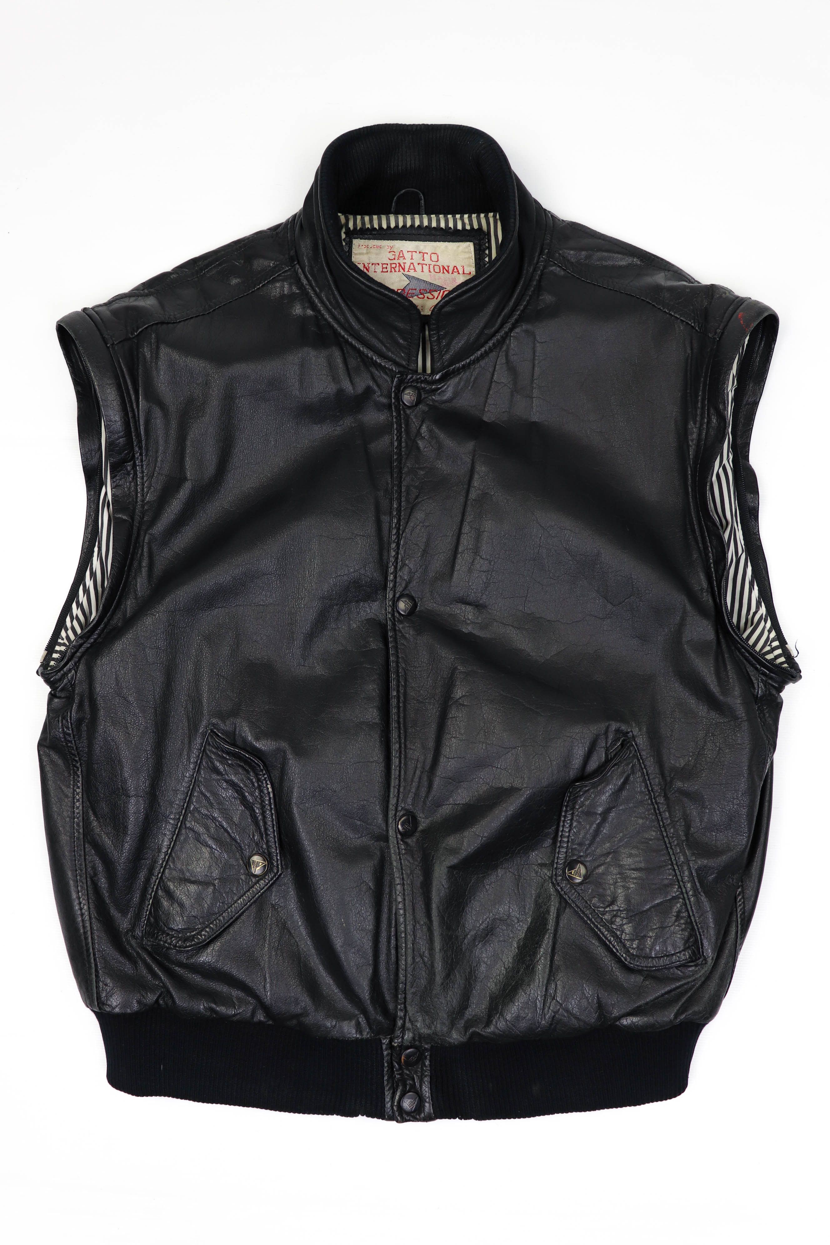 Vintage 90s Vintage Gatto Design Black Leather Bomber Jacket / Vest Size US M / EU 48-50 / 2 - 3 Thumbnail
