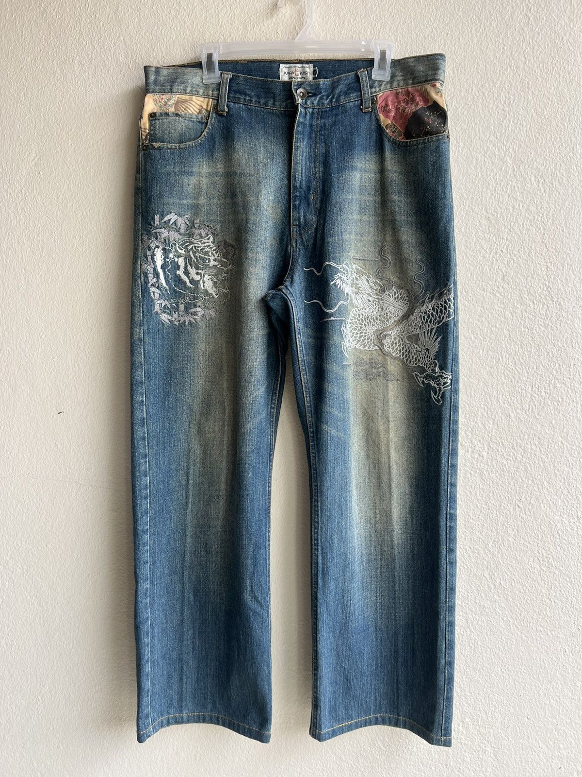 Vintage Dirty Mud KARAKURI GENERATION Embroidery Denim Jeans Size US 35 - 22 Thumbnail
