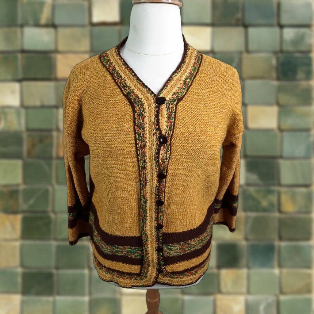 Vintage VINTAGE 70s Cardigan Sweater Women XL Yellow Brown Boho V Neck Round Neck 70s Pattern Knit Acrylic Belted Shoestring Not Included Size XL / US 12-14 / IT 48-50 - 1 Thumbnail