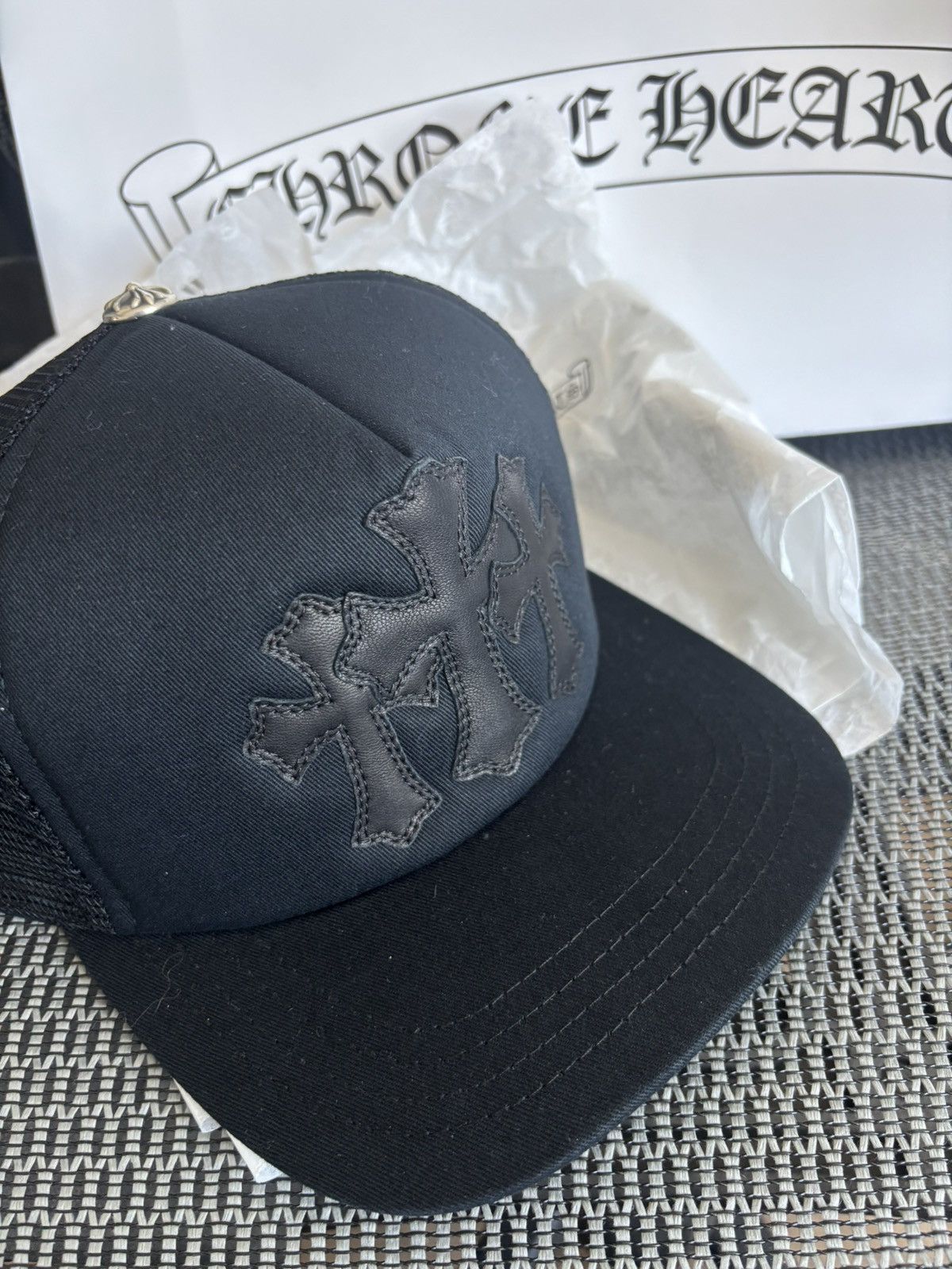Chrome Hearts Triple Black leather cemetery cross patch trucker hat Size ONE SIZE - 2 Thumbnail