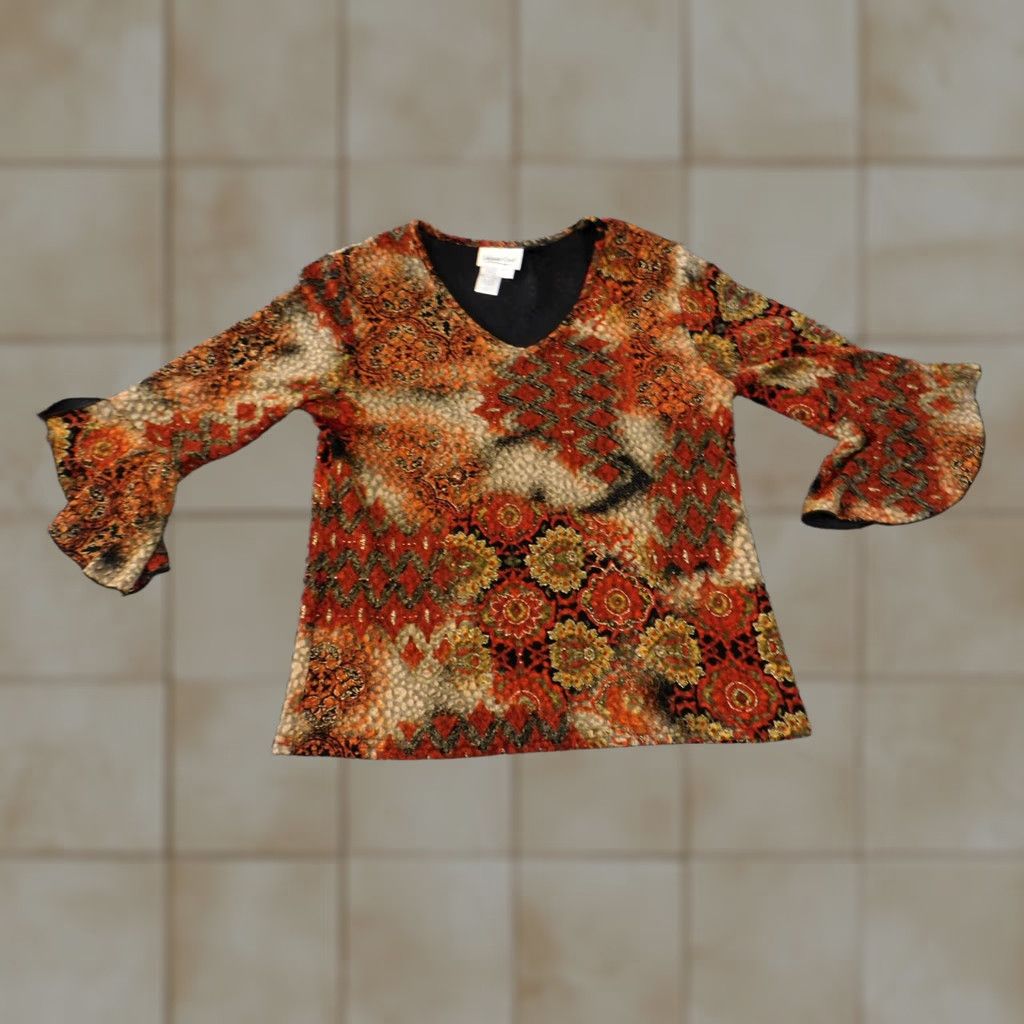 Coldwater Creek Coldwater Creek Blouse Shirt Women S Orange Geometric V-Neck Pullover Stretch Long Sleeve Cardigan Top Size S / US 4 / IT 40 - 1 Thumbnail
