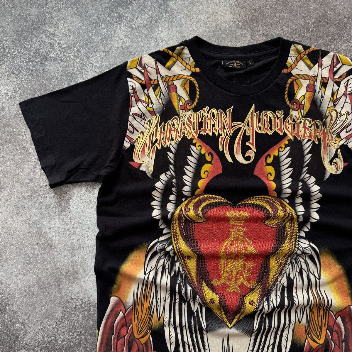 Ed Hardy Christian Audigier Y2K Rhinestones Virgin Maria T-Shirt Size US L / EU 52-54 / 3 - 3 Thumbnail