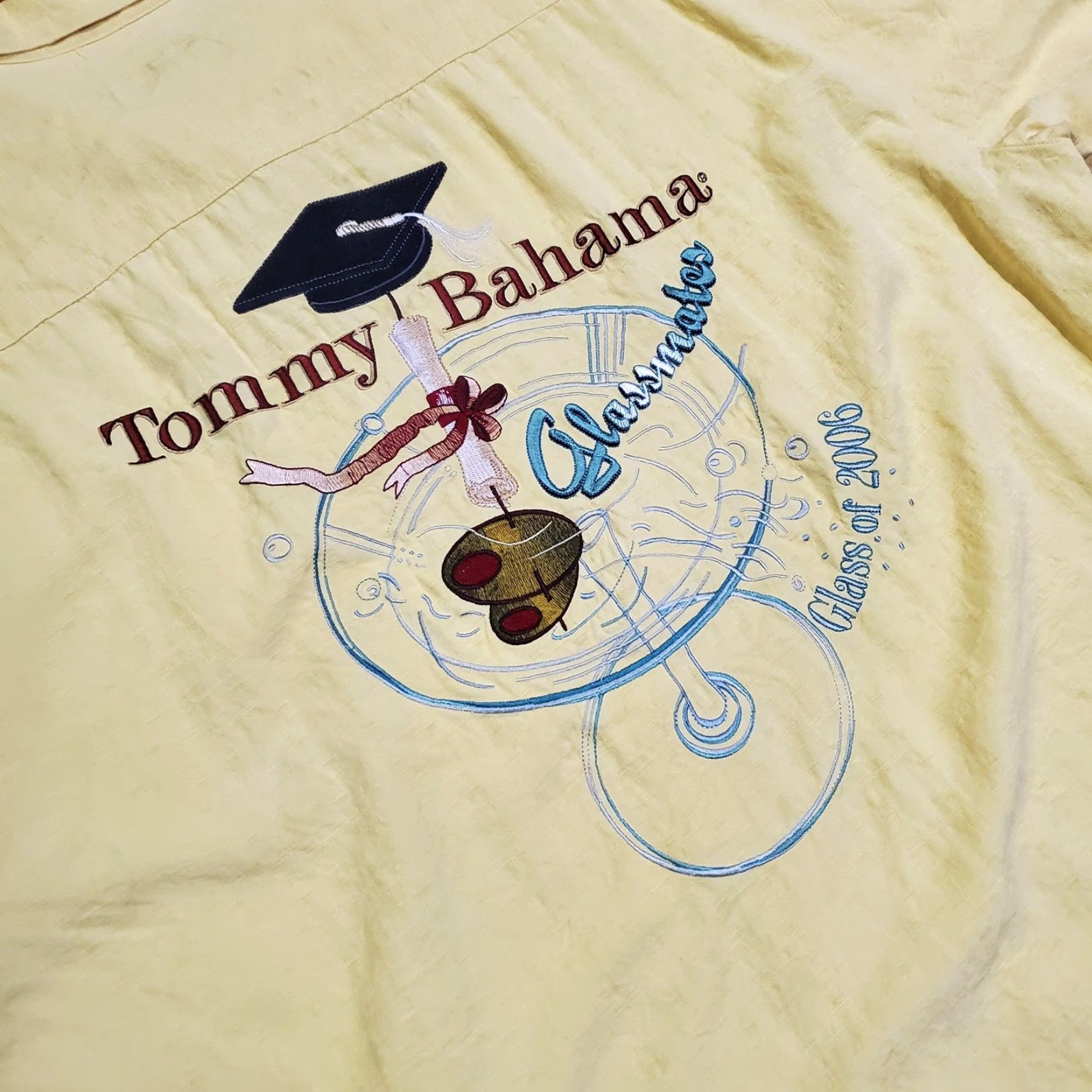 Tommy Bahama Tommy Bahama Shirt XL Mens Yellow Silk Short Sleeve Glassmates Class of 2006 Graduation Graphic Print Relaxed Fit Button-Up Casual Size US XL / EU 56 / 4 - 2 Thumbnail