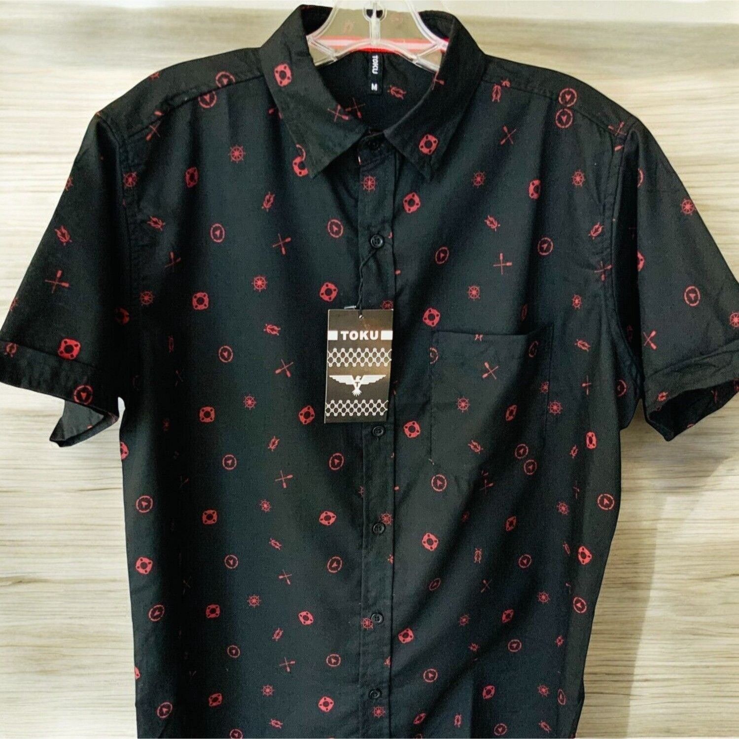 Designer Toku Mens Short Sleeve Shirt Button Down Medium Black Red Size US M / EU 48-50 / 2 - 2 Thumbnail