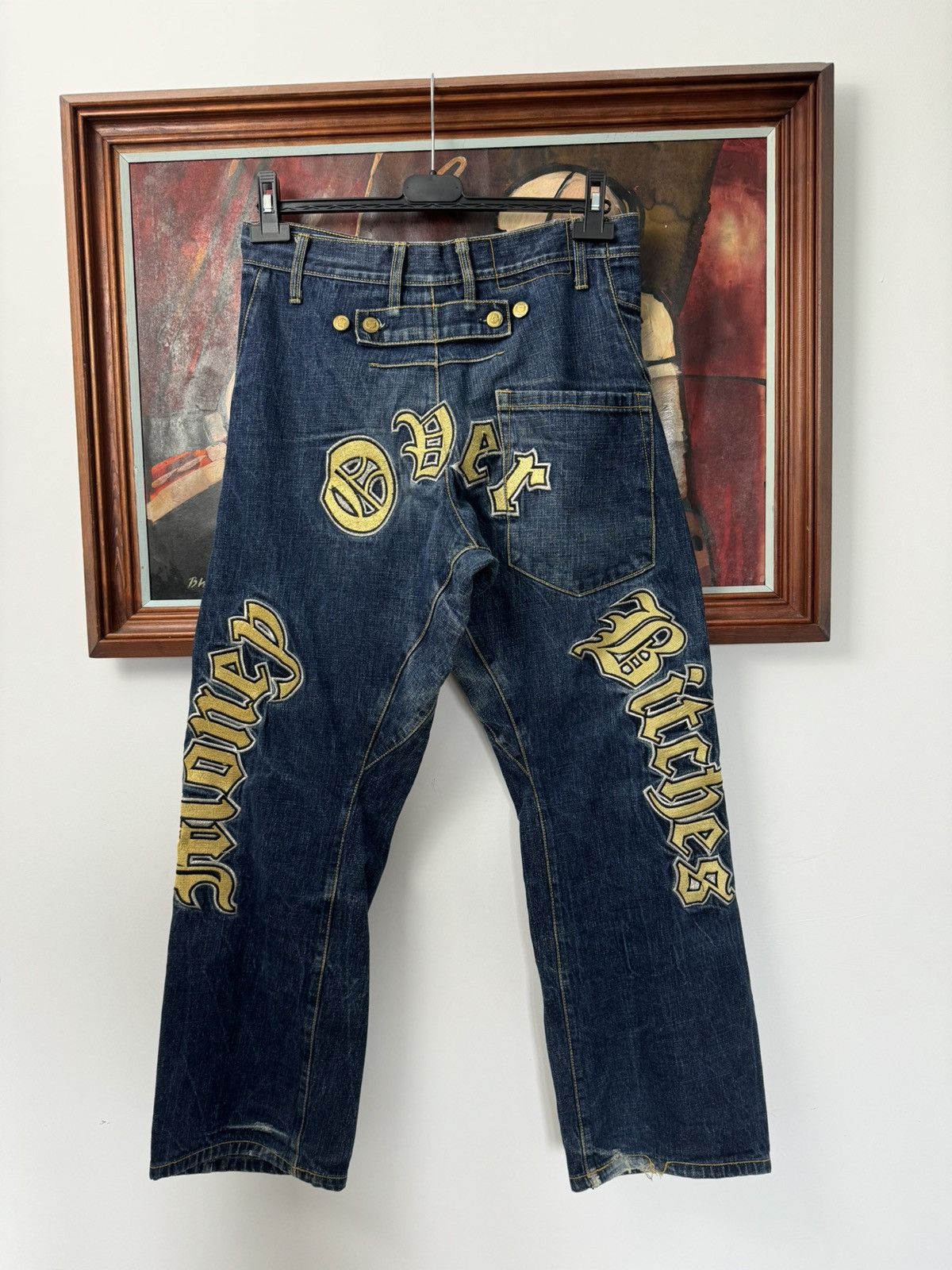 MONEY OVER BITCHES denim pants American baggy