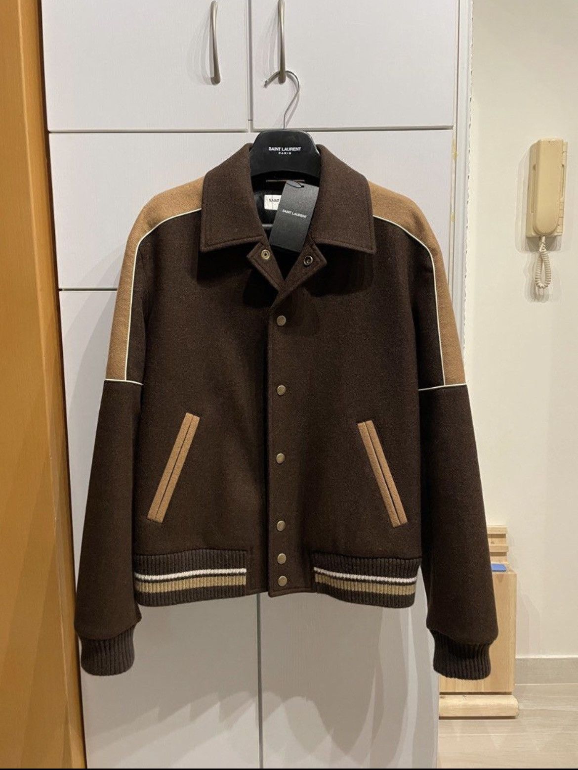 image of Saint Laurent Paris W Tags - Saint Laurent Wool Varsity Jacket - 48 in Brown, Men's (Size Medium)